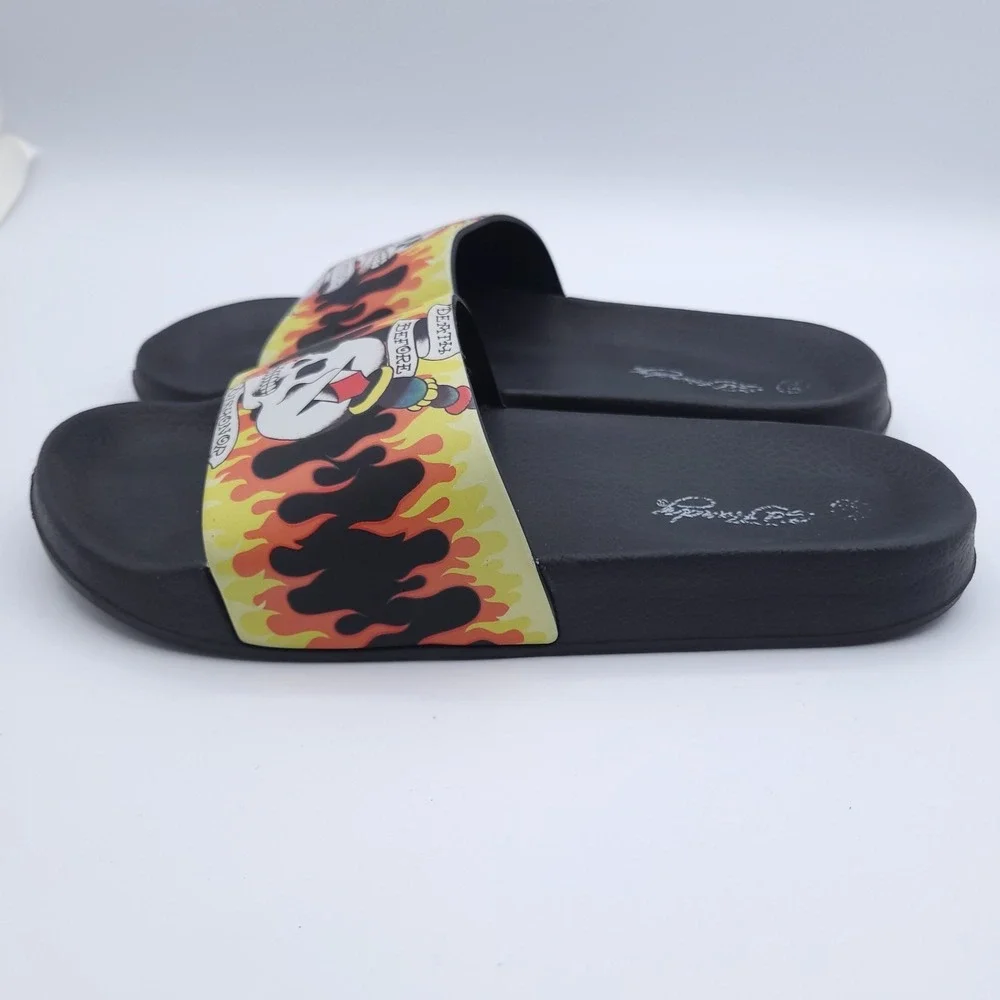 Ed Hardy Slides Mens 8 Womens 9 Death Before Dishonor Flaming Skull Tattoo You